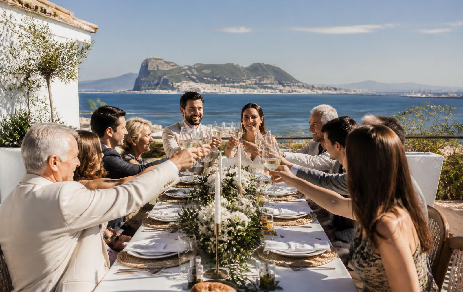 Small wedding lunch on a terrace facing the Rock of Gibraltar