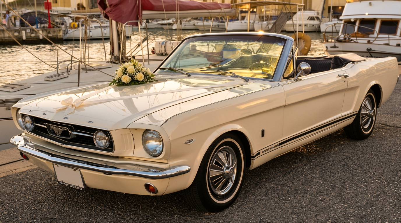 1966 Ford Mustang convertible in cream, dressed with ribbon and ivory roses