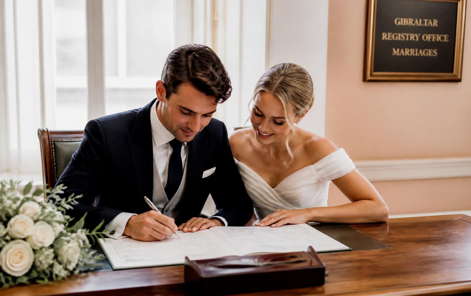 Couple signing the marriage register at the Gibraltar Registry Office