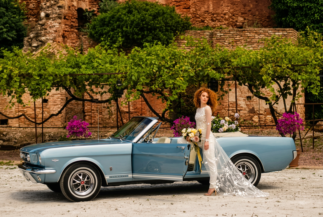 Pale blue Mustang convertible — open-top photographs on the coast