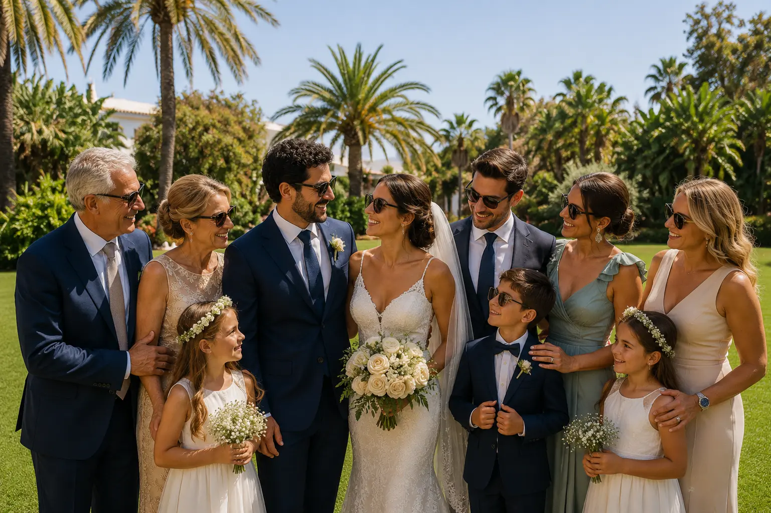 Cortejo nuziale e famiglia in posa in un giardino di palme sulla Costa del Sol