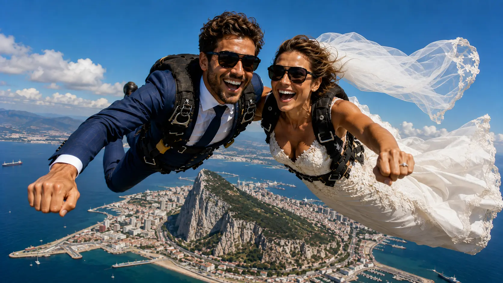 Bride and groom skydiving above the Rock of Gibraltar and the Bay