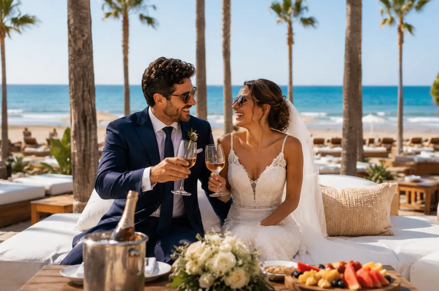 Sposi che brindano con il vino in un beach club della Costa del Sol