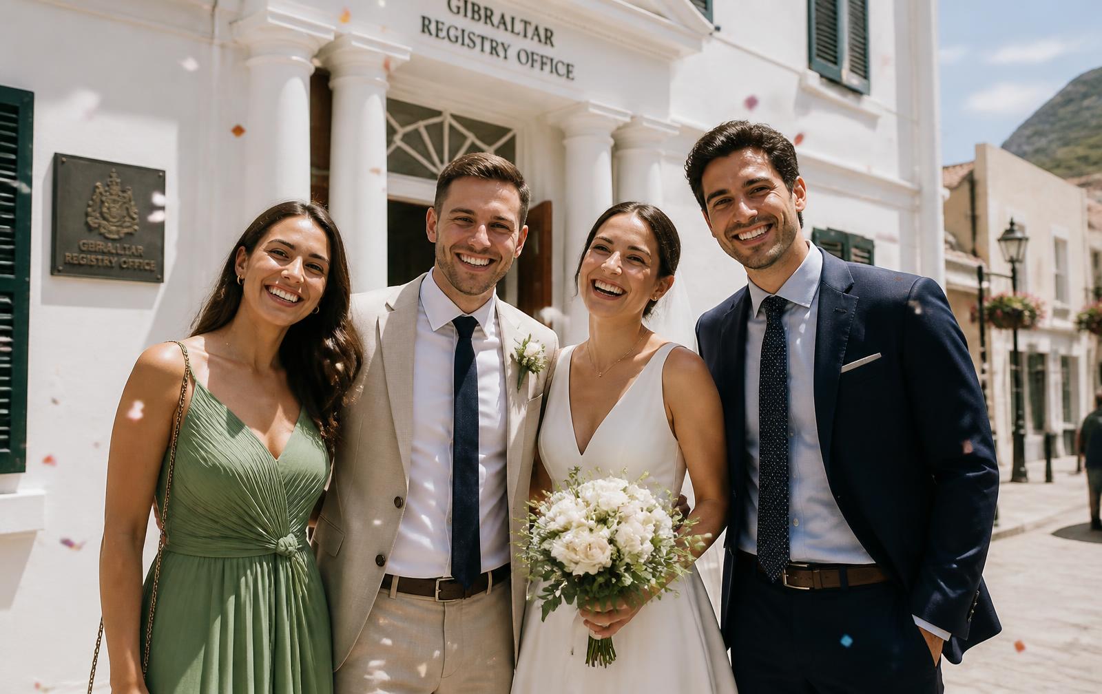 Wedding witnesses with the couple outside the Gibraltar Registry Office