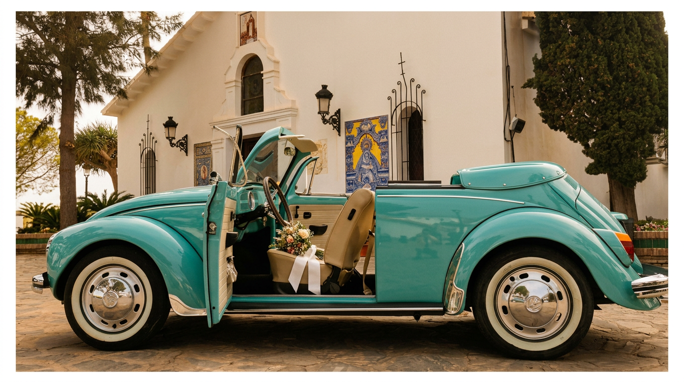 Turquoise VW Beetle cabriolet for an Andalusian chapel ceremony
