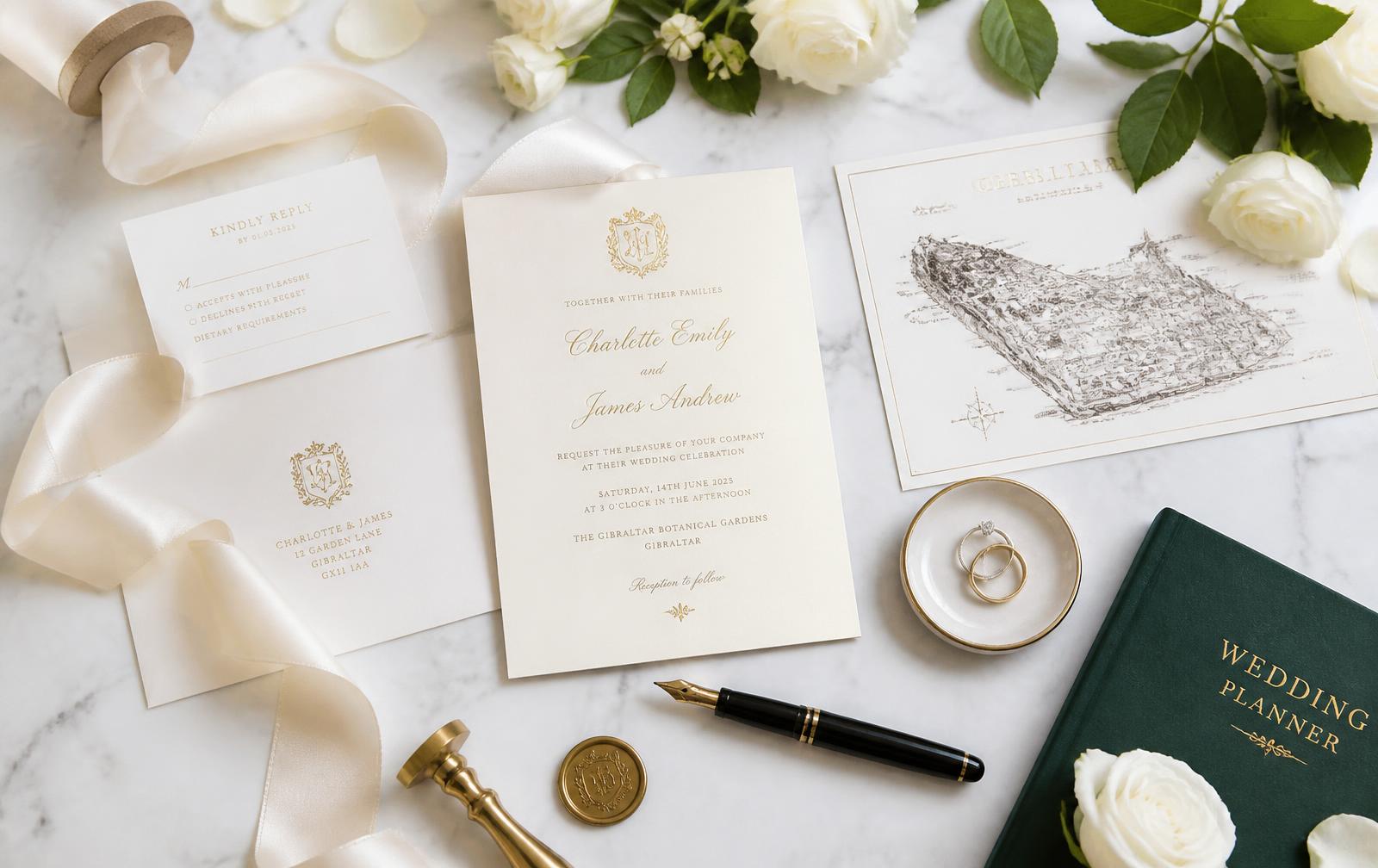 Wedding stationery, rings and planning notebook laid on marble